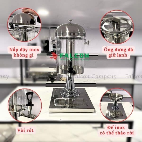 Bình đựng nước trái cây inox sáng bóng, thân mica trong suốt giữ lạnh hiệu quả