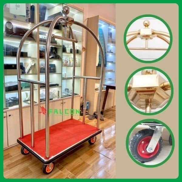 Xe đẩy chở hành lý khách sạn, inox mạ vàng cao cấp, giá tốt nhất 