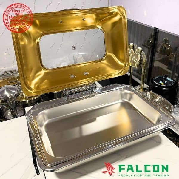 Thiết bị tiệc buffet, nồi hâm buffet chữ nhật khung chân rời, mạ vàng sang trọng, hiện đại 