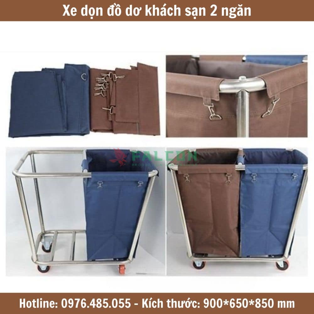 Mẫu xe thu gom đồ dơ hai ngăn cho khách sạn, khung inox chắc chắn và dễ di chuyển