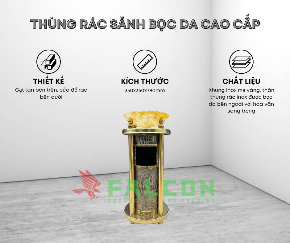 Sản phẩm thùng rác sảnh khách sạn bọc da, chất liệu bền đẹp và dễ vệ sinh
