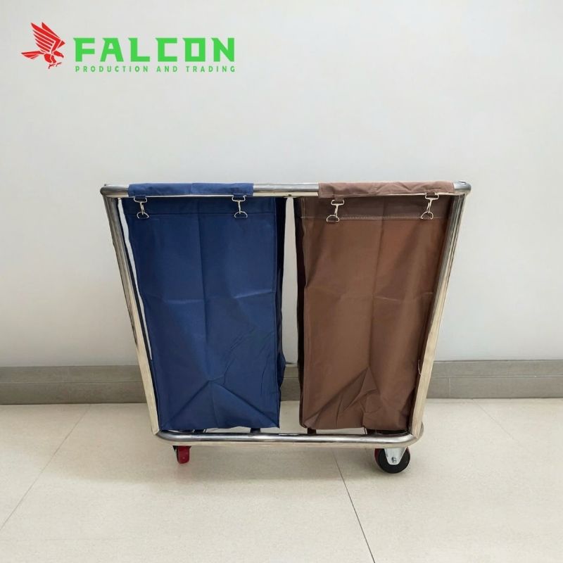 xe-de-do-do-khach-san-2-ngan Xe để đồ dơ khách sạn hai ngăn, bánh xe linh hoạt, giúp thu gom nhanh và gọn gàng